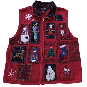 Vintage Ugly Christmas Plaid Sweater Vest Full Zip Sz L